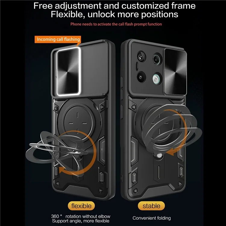 Para Xiaomi Redmi Note 13 Pro 5G / Poco X6 5G Caja Soporte TPU+PC Cubierta de Teléfono con Tapa de Lente Deslizante - Negro