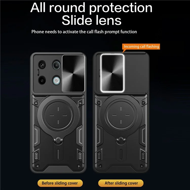 Para Xiaomi Redmi Note 13 Pro 5G / Poco X6 5G Caja Soporte TPU+PC Cubierta de Teléfono con Tapa de Lente Deslizante - Negro