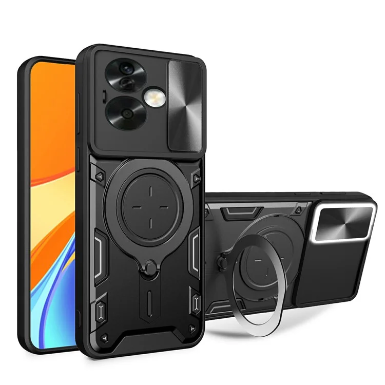 Для Oppo A79 5G / A2 5G Чехол с выдвижным прикрытием камеры TPU+PC ударопрочный чехол для телефона с подставкой - Черный