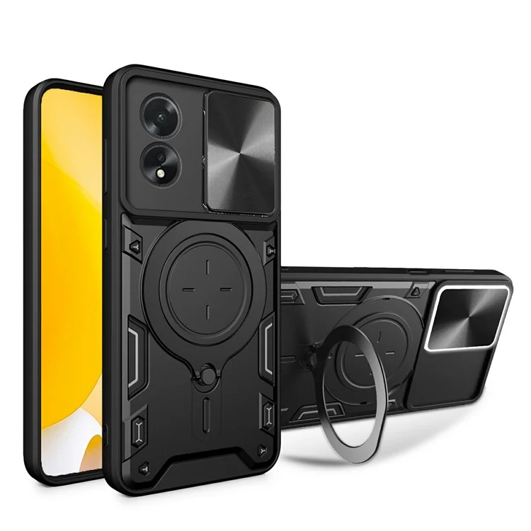 For Oppo A38 4G Kickstand Case Shockproof TPU+PC Phone Cover with Slide Lens Window - Black