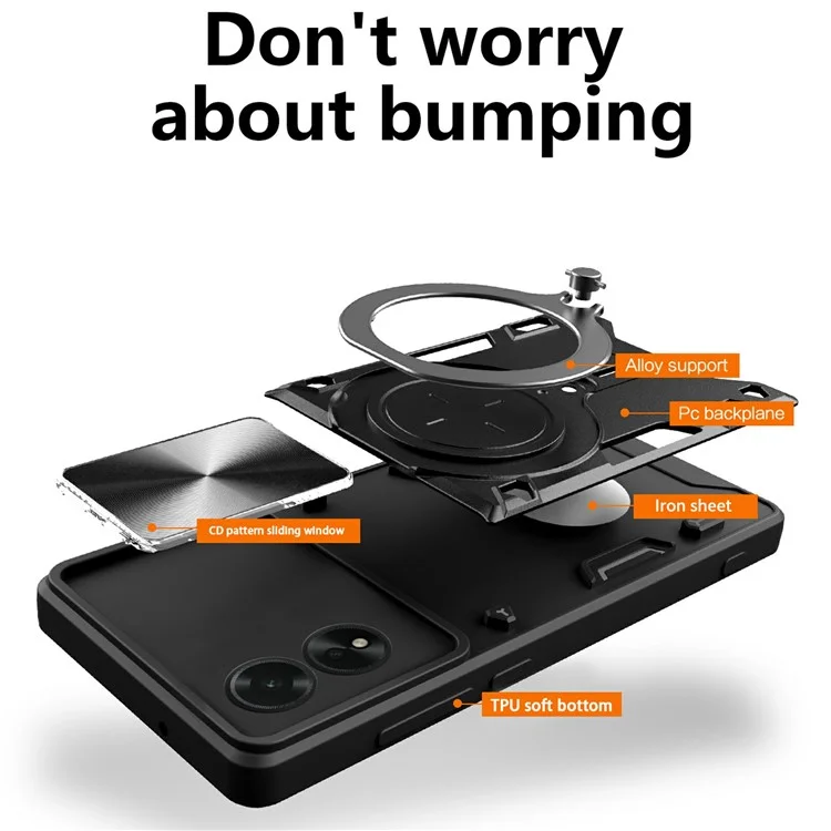 For Oppo A38 4G Kickstand Case Shockproof TPU+PC Phone Cover with Slide Lens Window - Black