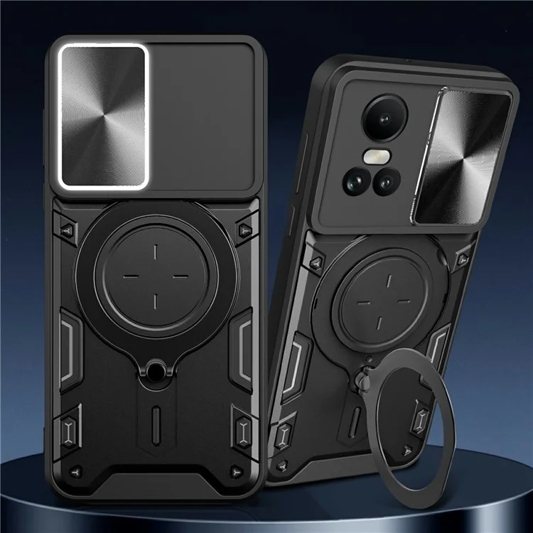 For Oppo Reno10 5G (Global) / Reno10 Pro 5G (Global) Case TPU+PC Phone Cases with Kickstand, Slide Lens Window - Black
