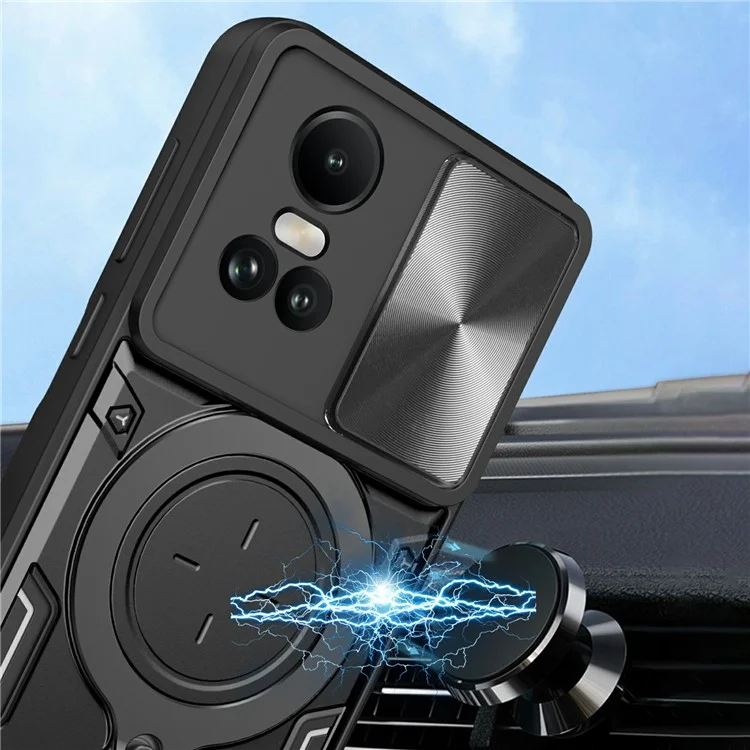 For Oppo Reno10 5G (Global) / Reno10 Pro 5G (Global) Case TPU+PC Phone Cases with Kickstand, Slide Lens Window - Black