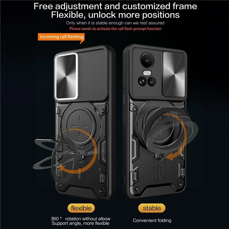 For Oppo Reno10 5G (Global) / Reno10 Pro 5G (Global) Case TPU+PC Phone Cases with Kickstand, Slide Lens Window - Black