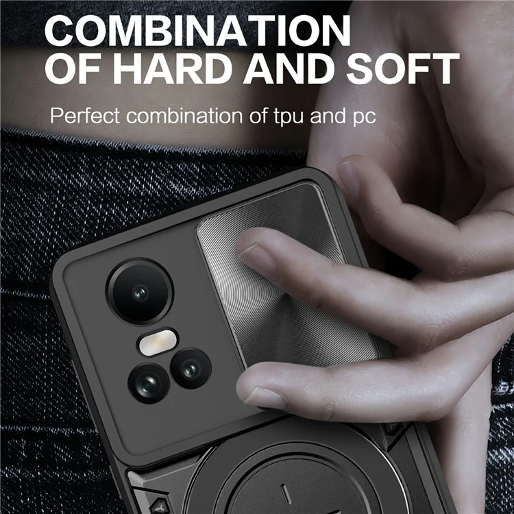 For Oppo Reno10 5G (Global) / Reno10 Pro 5G (Global) Case TPU+PC Phone Cases with Kickstand, Slide Lens Window - Black