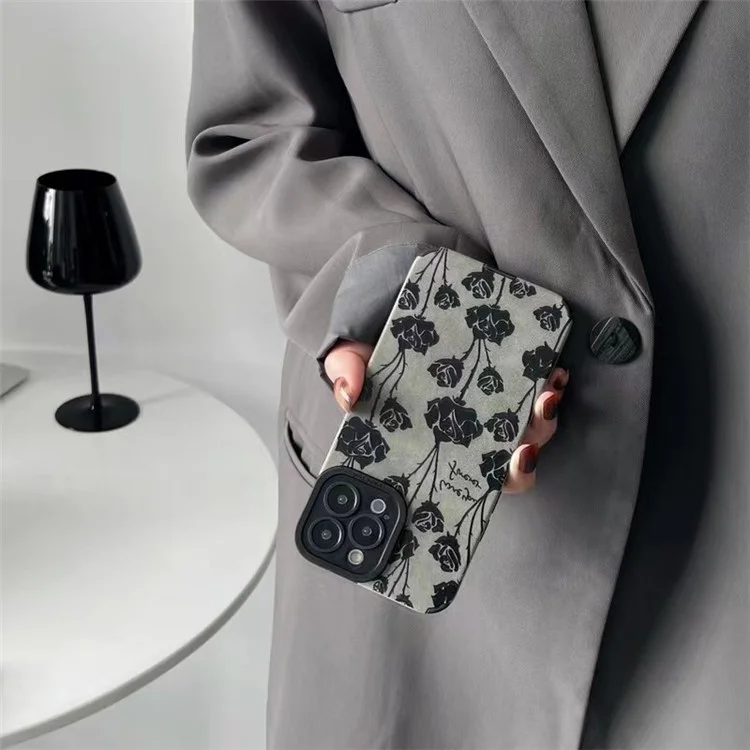 Para iPhone 15 Pro Max Retro TPU Phone Cover Grey Rose Pattern Phone Cases Wholesale Mobile Supplier
