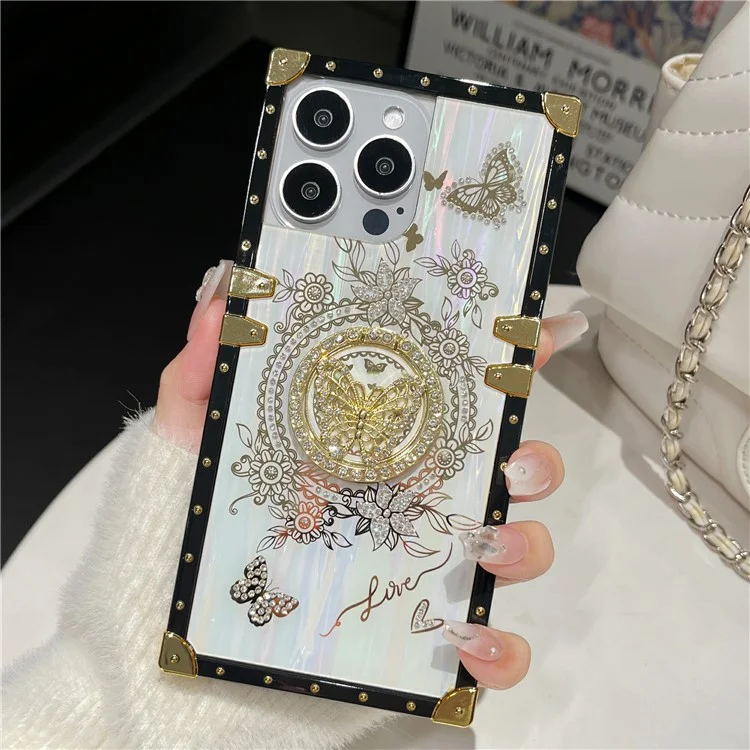 For iPhone 14 Pro Case Butterfly Pattern Electroplated Kickstand TPU+PC Phone Cover - White