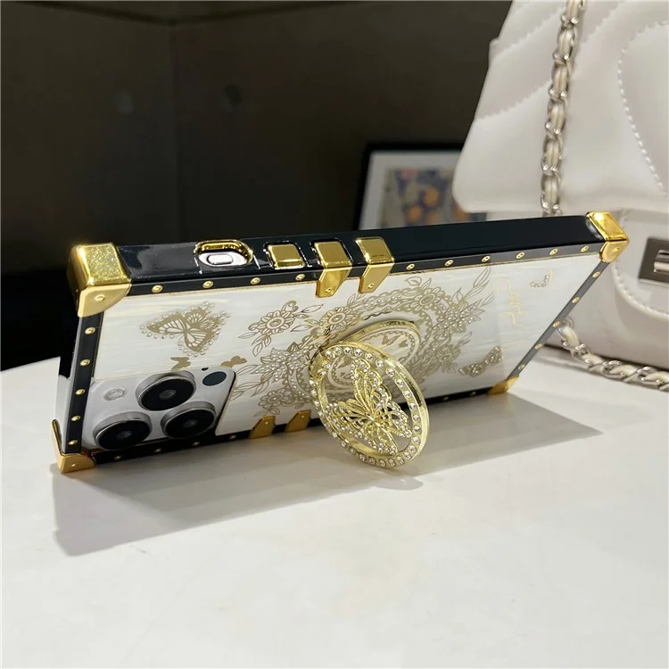 For iPhone 14 Pro Case Butterfly Pattern Electroplated Kickstand TPU+PC Phone Cover - White