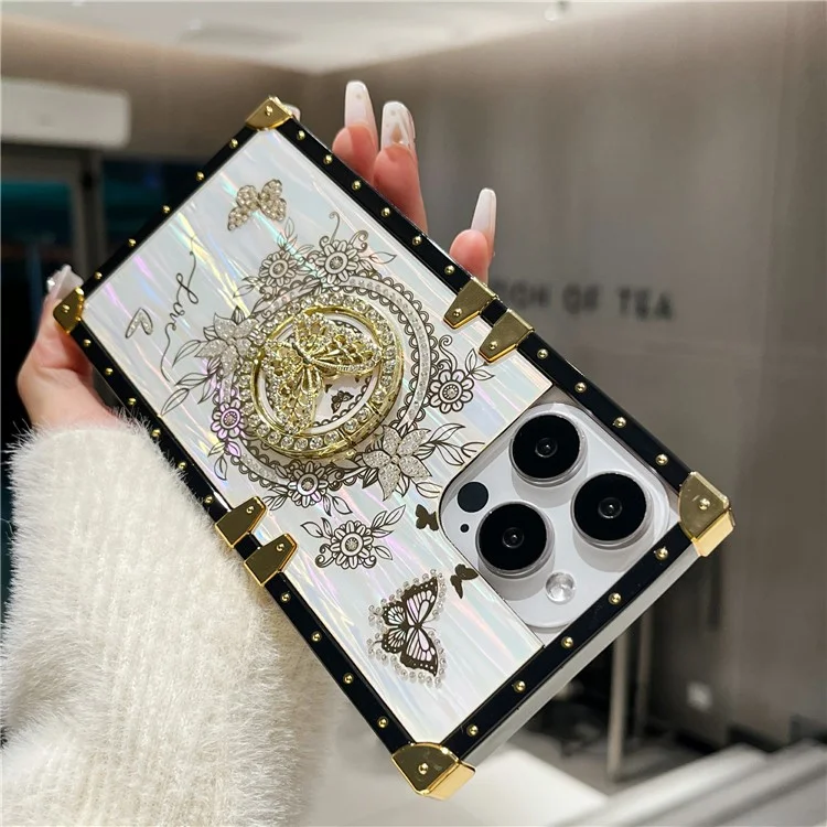 For iPhone 14 Pro Case Butterfly Pattern Electroplated Kickstand TPU+PC Phone Cover - White