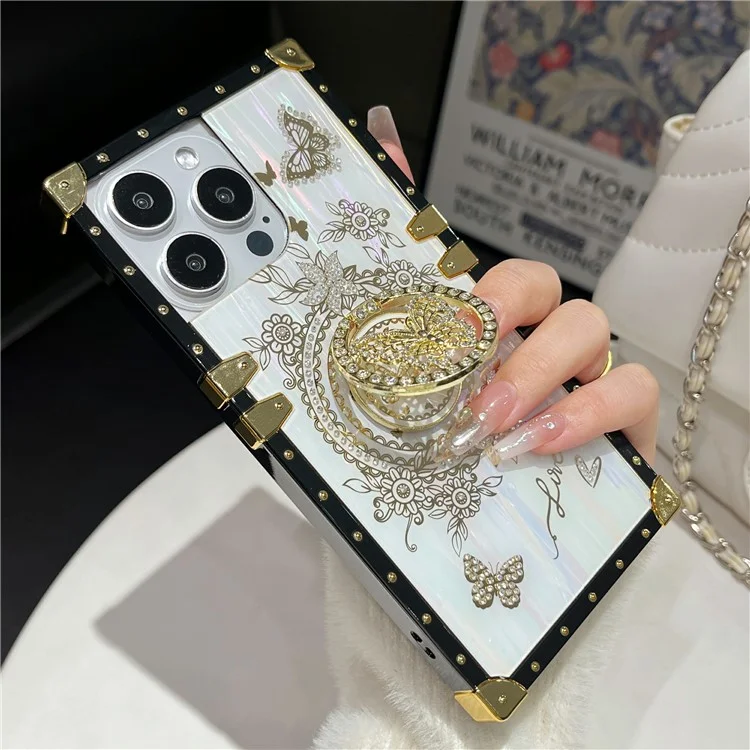 For iPhone 14 Pro Case Butterfly Pattern Electroplated Kickstand TPU+PC Phone Cover - White