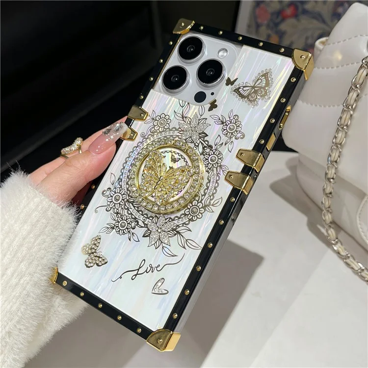 For iPhone 14 Pro Case Butterfly Pattern Electroplated Kickstand TPU+PC Phone Cover - White