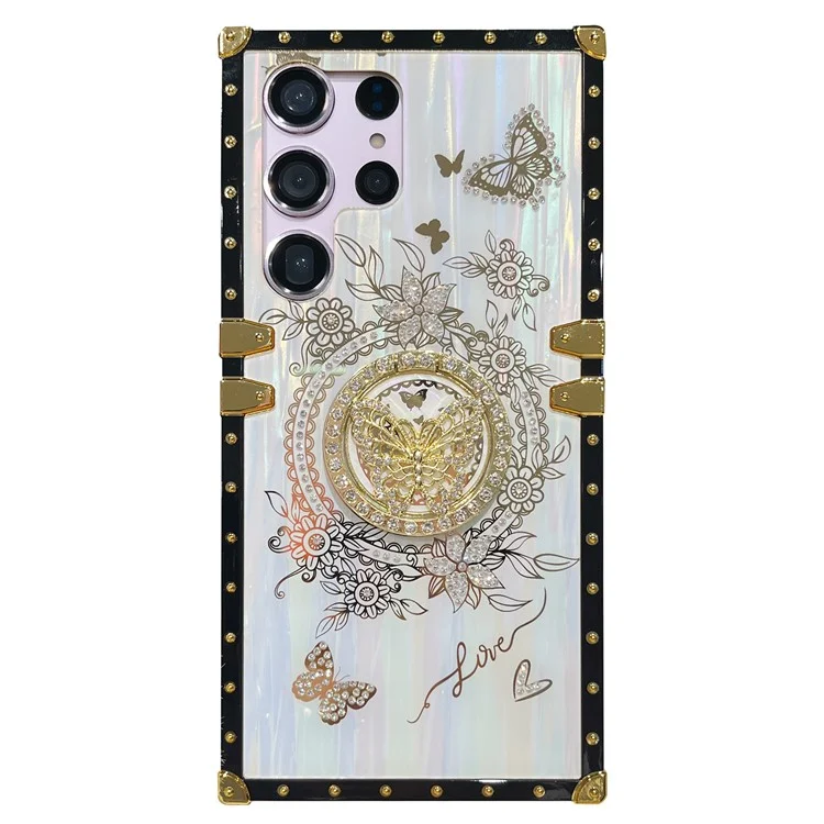 Pour Samsung Galaxy S22 Ultra 5G Coque Papillon Motif Brillant Strass Béquille TPU+PC Housse de Téléphone - Blanc