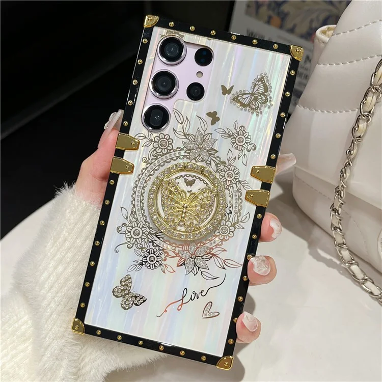 Pour Samsung Galaxy S22 Ultra 5G Coque Papillon Motif Brillant Strass Béquille TPU+PC Housse de Téléphone - Blanc