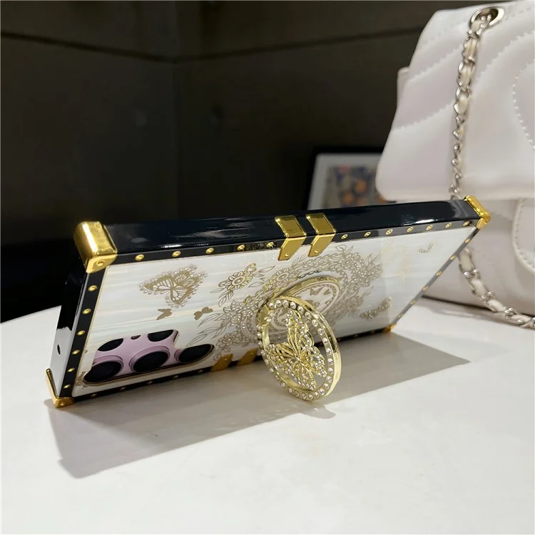 Pour Samsung Galaxy S22 Ultra 5G Coque Papillon Motif Brillant Strass Béquille TPU+PC Housse de Téléphone - Blanc