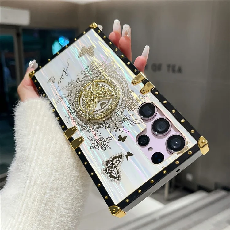 Pour Samsung Galaxy S22 Ultra 5G Coque Papillon Motif Brillant Strass Béquille TPU+PC Housse de Téléphone - Blanc