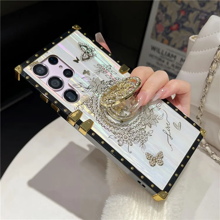 Pour Samsung Galaxy S22 Ultra 5G Coque Papillon Motif Brillant Strass Béquille TPU+PC Housse de Téléphone - Blanc