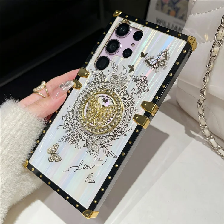 Pour Samsung Galaxy S22 Ultra 5G Coque Papillon Motif Brillant Strass Béquille TPU+PC Housse de Téléphone - Blanc