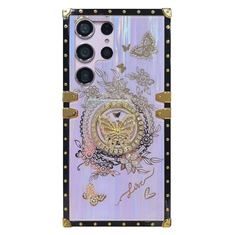 For Samsung Galaxy S23 Ultra Kickstand Case Rhinestone Decor Butterfly Pattern TPU+PC Phone Cover - Purple