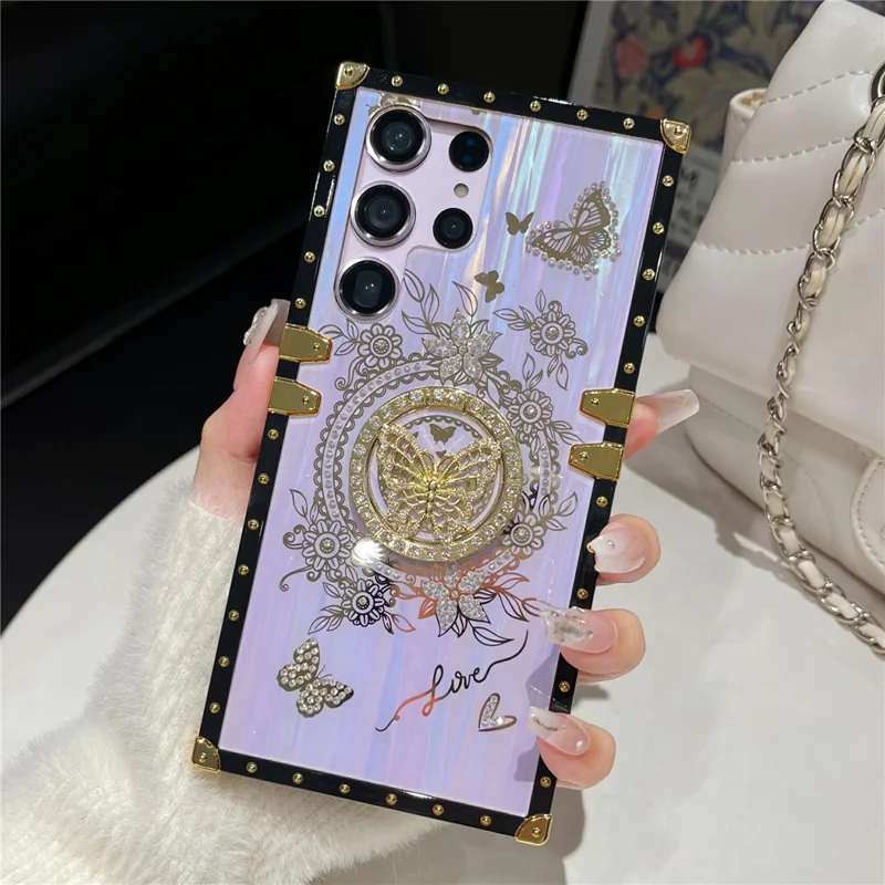 For Samsung Galaxy S23 Ultra Kickstand Case Rhinestone Decor Butterfly Pattern TPU+PC Phone Cover - Purple