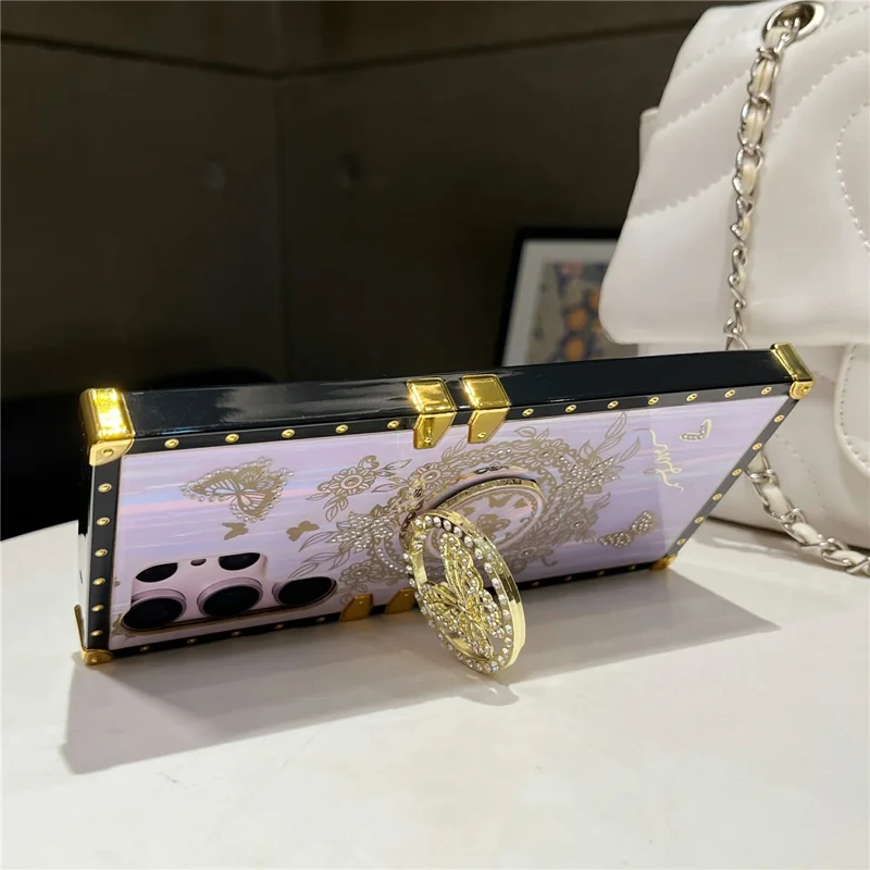 For Samsung Galaxy S23 Ultra Kickstand Case Rhinestone Decor Butterfly Pattern TPU+PC Phone Cover - Purple