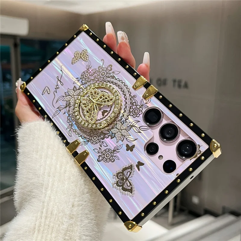 For Samsung Galaxy S23 Ultra Kickstand Case Rhinestone Decor Butterfly Pattern TPU+PC Phone Cover - Purple