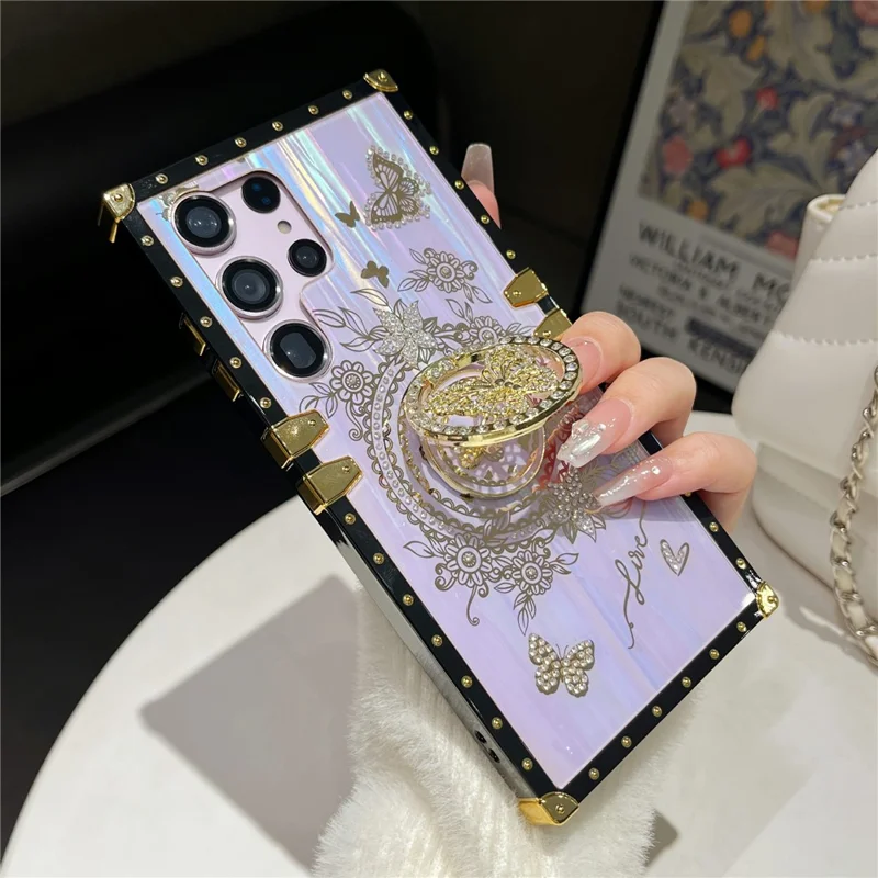 For Samsung Galaxy S23 Ultra Kickstand Case Rhinestone Decor Butterfly Pattern TPU+PC Phone Cover - Purple