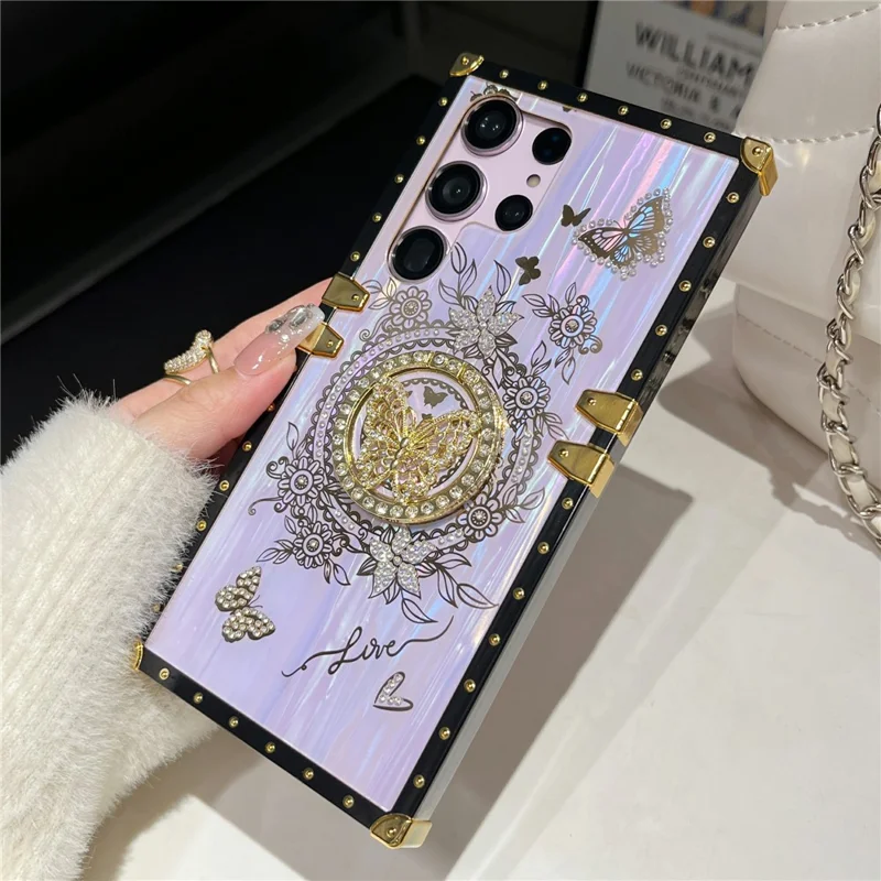 For Samsung Galaxy S23 Ultra Kickstand Case Rhinestone Decor Butterfly Pattern TPU+PC Phone Cover - Purple