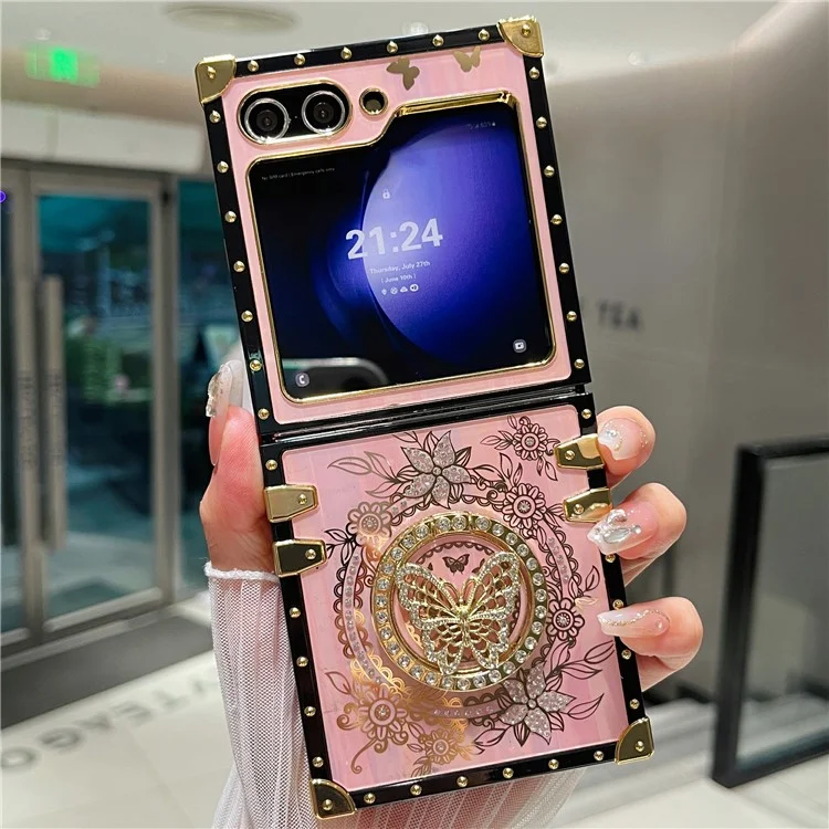 Для Samsung Galaxy Z Flip5 5G Чехол Butterfly Decor Kickstand TPU+PC Electroplating Phone Cover - Pink