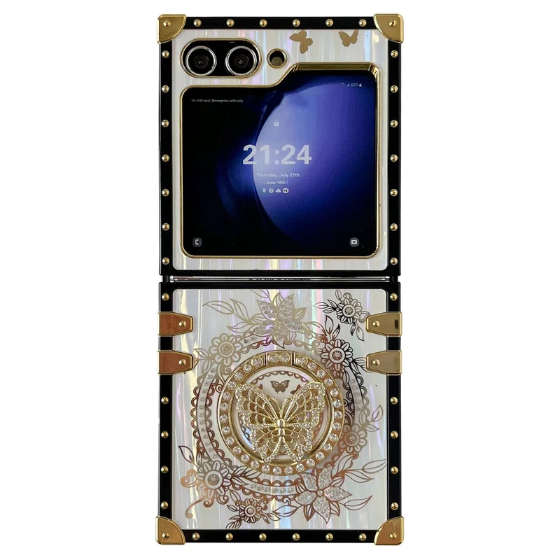 For Samsung Galaxy Z Flip5 5G Case Butterfly Decor Kickstand TPU+PC Electroplating Phone Cover - White