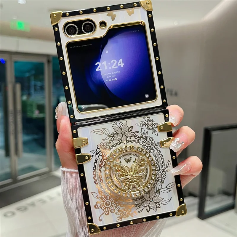 For Samsung Galaxy Z Flip5 5G Case Butterfly Decor Kickstand TPU+PC Electroplating Phone Cover - White