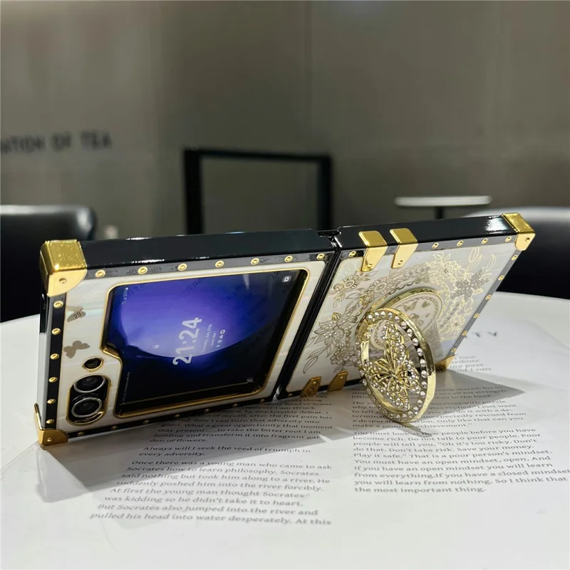 For Samsung Galaxy Z Flip5 5G Case Butterfly Decor Kickstand TPU+PC Electroplating Phone Cover - White