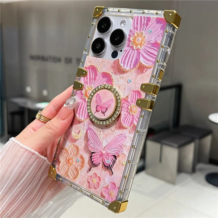 For iPhone 14 Pro Max Case Ring Kickstand Flower Butterfly Pattern TPU+PC Phone Cover - Pink