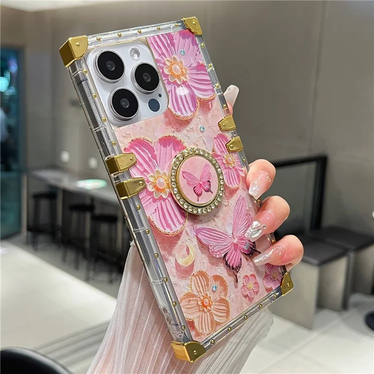For iPhone 14 Pro Max Case Ring Kickstand Flower Butterfly Pattern TPU+PC Phone Cover - Pink