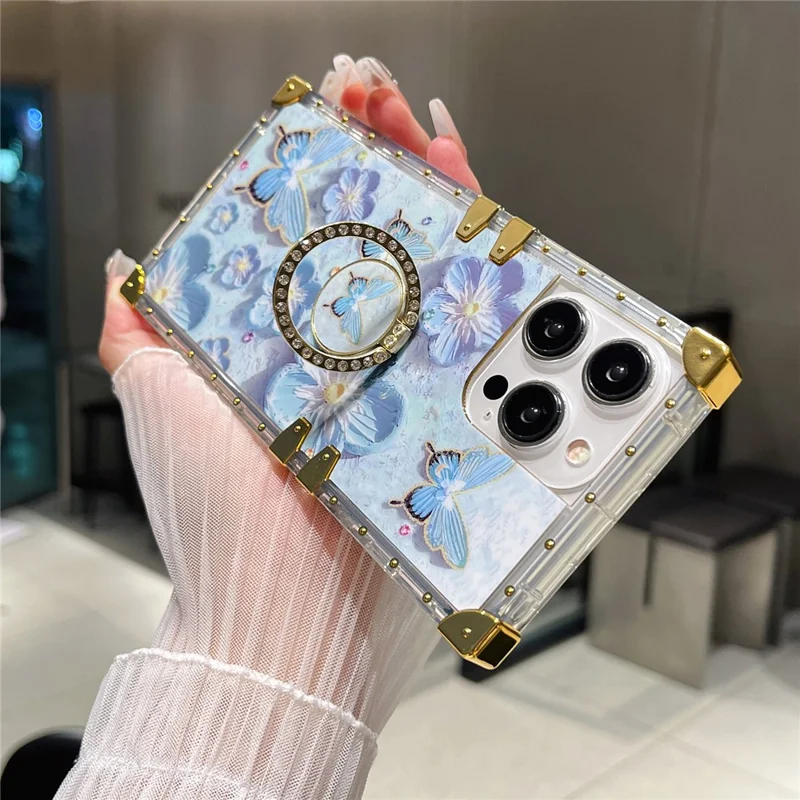 For iPhone 14 Pro Max Case Ring Kickstand Flower Butterfly Pattern TPU+PC Phone Cover - Blue