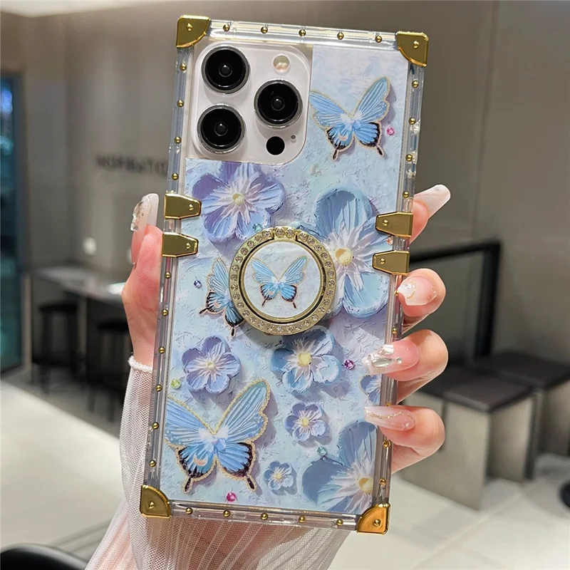 For iPhone 14 Pro Max Case Ring Kickstand Flower Butterfly Pattern TPU+PC Phone Cover - Blue