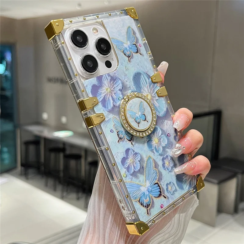 For iPhone 14 Pro Max Case Ring Kickstand Flower Butterfly Pattern TPU+PC Phone Cover - Blue
