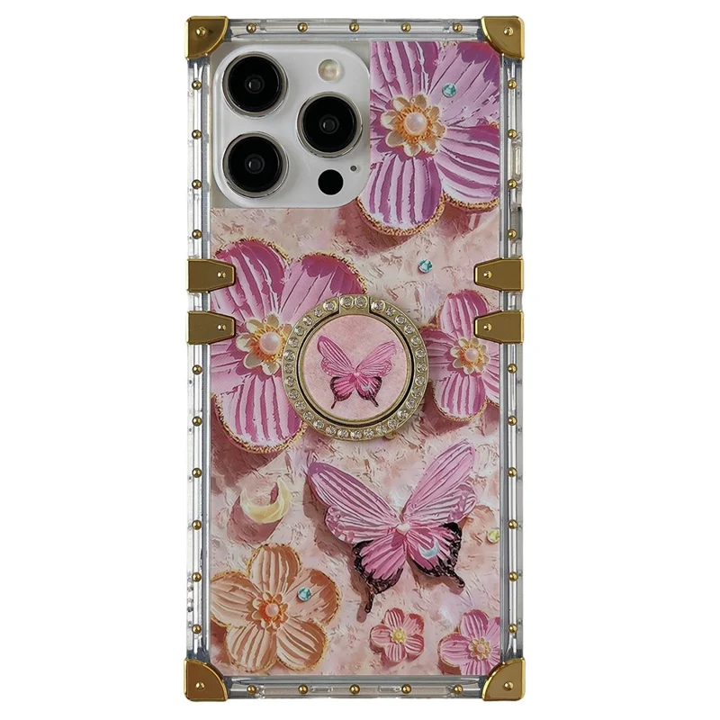 For iPhone 13 Pro Metal Corners TPU+PC Flower Butterfly Pattern Phone Cover with Kickstand - Pink