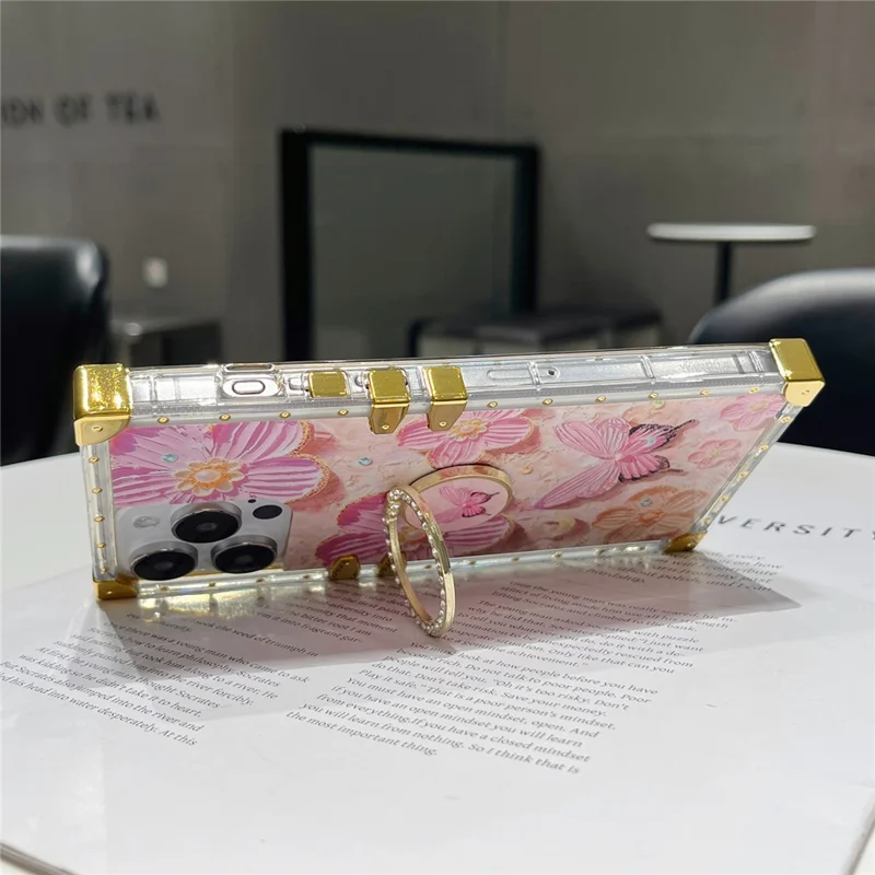 For iPhone 13 Pro Metal Corners TPU+PC Flower Butterfly Pattern Phone Cover with Kickstand - Pink