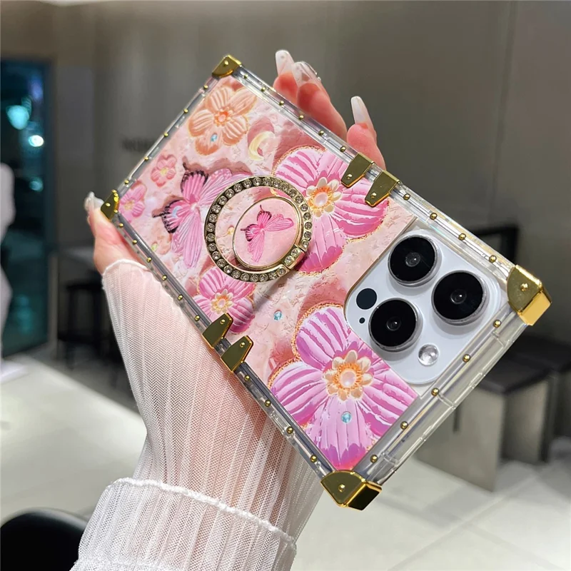 For iPhone 13 Pro Metal Corners TPU+PC Flower Butterfly Pattern Phone Cover with Kickstand - Pink