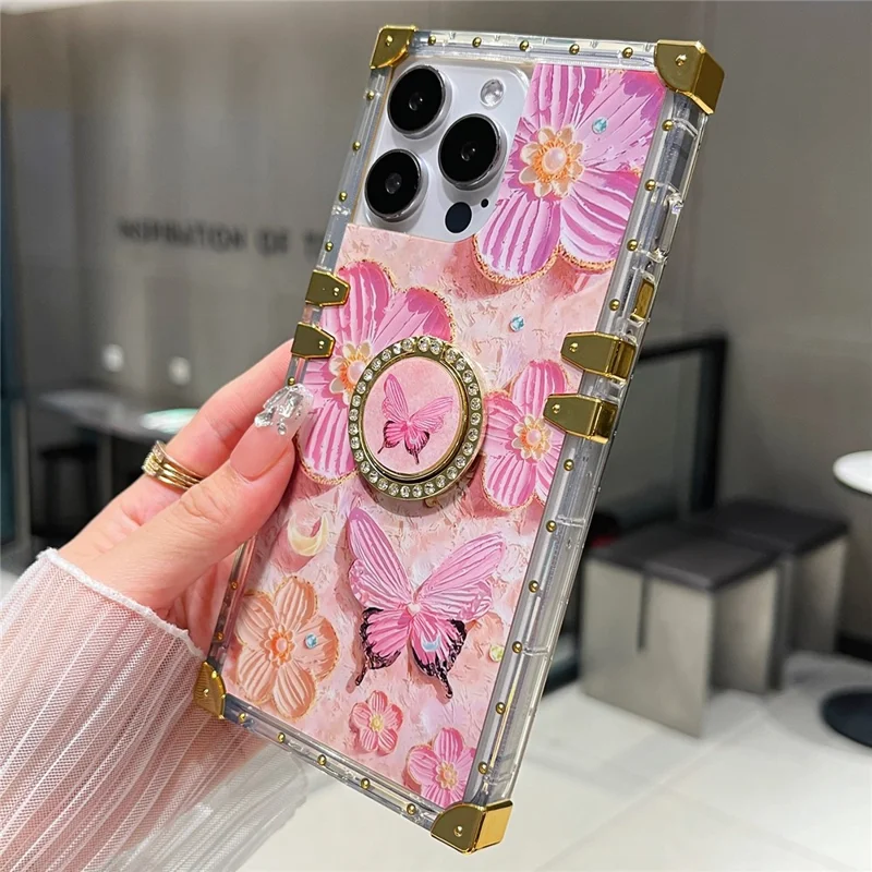 For iPhone 13 Pro Metal Corners TPU+PC Flower Butterfly Pattern Phone Cover with Kickstand - Pink