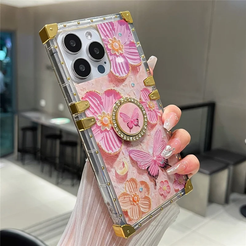 For iPhone 13 Pro Metal Corners TPU+PC Flower Butterfly Pattern Phone Cover with Kickstand - Pink