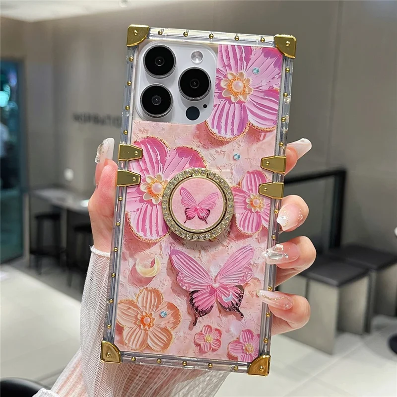 For iPhone 13 Pro Metal Corners TPU+PC Flower Butterfly Pattern Phone Cover with Kickstand - Pink