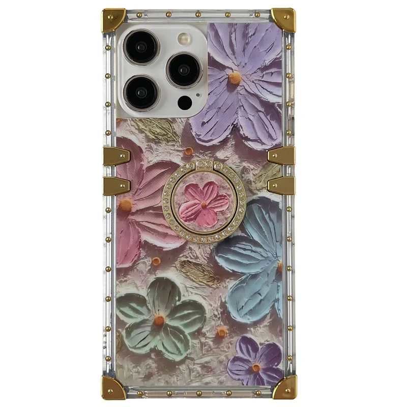 For iPhone 13 Pro Metal Corners TPU+PC Flower Butterfly Pattern Phone Cover with Kickstand - Multi-color