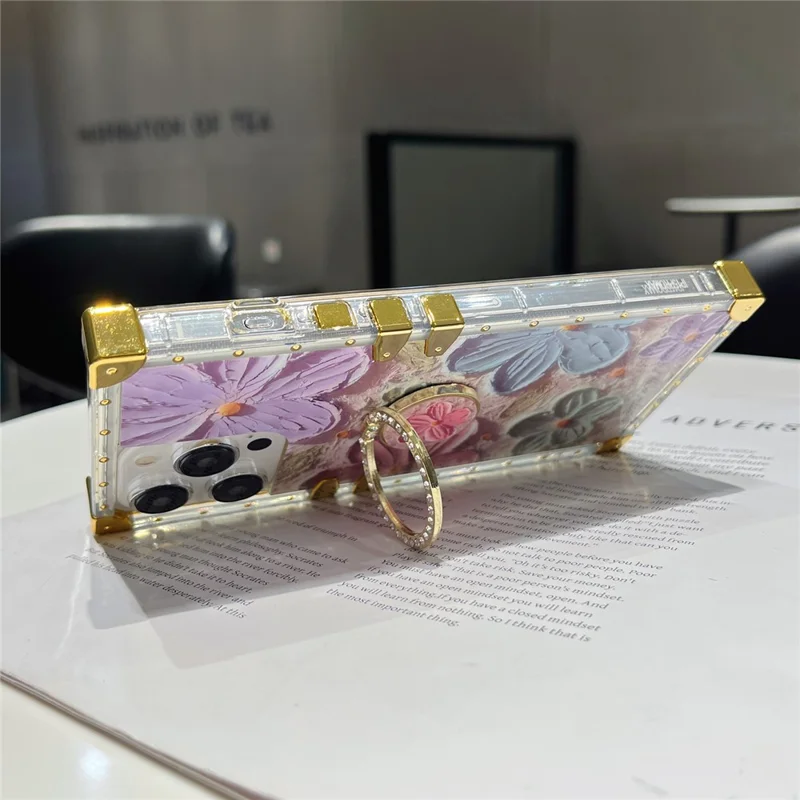 For iPhone 13 Pro Metal Corners TPU+PC Flower Butterfly Pattern Phone Cover with Kickstand - Multi-color