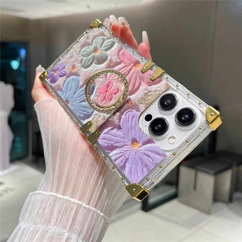 For iPhone 13 Pro Metal Corners TPU+PC Flower Butterfly Pattern Phone Cover with Kickstand - Multi-color