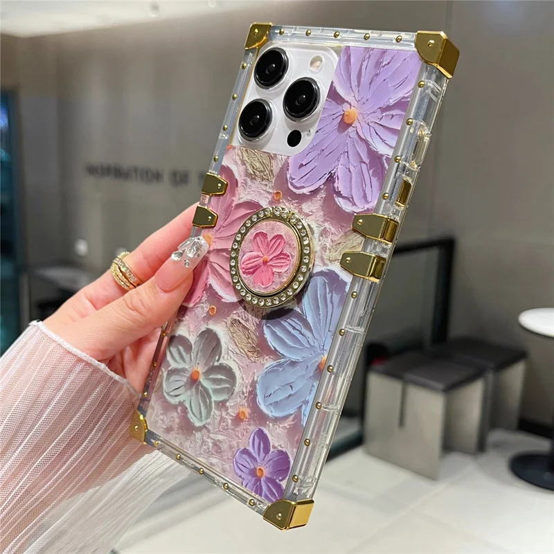 For iPhone 13 Pro Metal Corners TPU+PC Flower Butterfly Pattern Phone Cover with Kickstand - Multi-color
