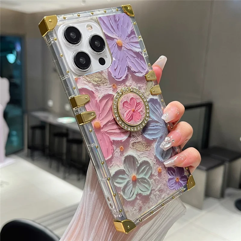 For iPhone 13 Pro Metal Corners TPU+PC Flower Butterfly Pattern Phone Cover with Kickstand - Multi-color