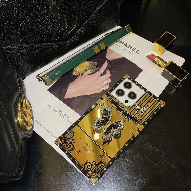 Pour iPhone 13 Pro Anti-Scratch Electroplated Cover TPU+PC Phone Case with Butterfly Kickstand - Noir