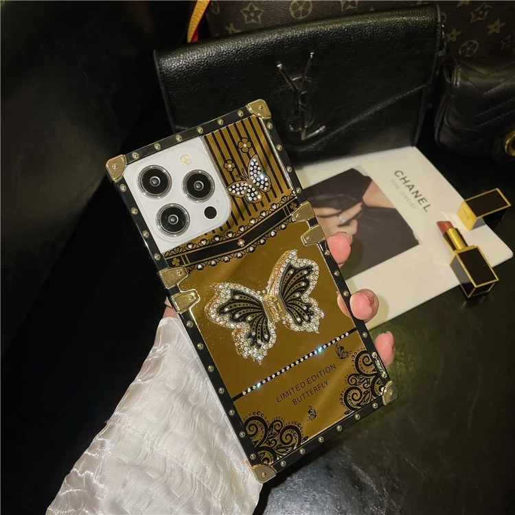 Funda para iPhone 14 Pro de TPU+PC con acabado electrochapado a prueba de caídas con soporte de mariposa - Negro