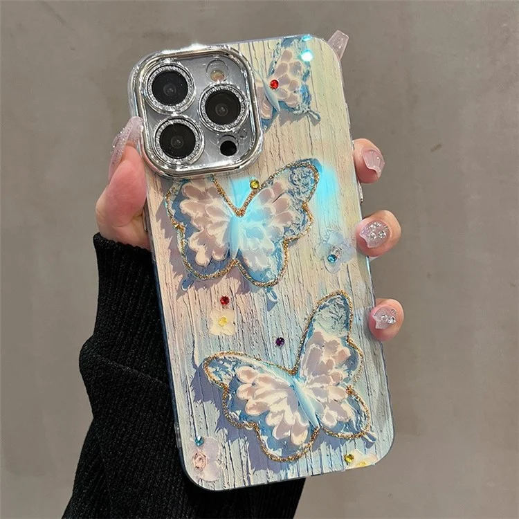 Für iPhone 15 Pro Phone Case IMD Ölmalerei Schmetterling PC+TPU Cover mit PC Objektiv Film - Blau